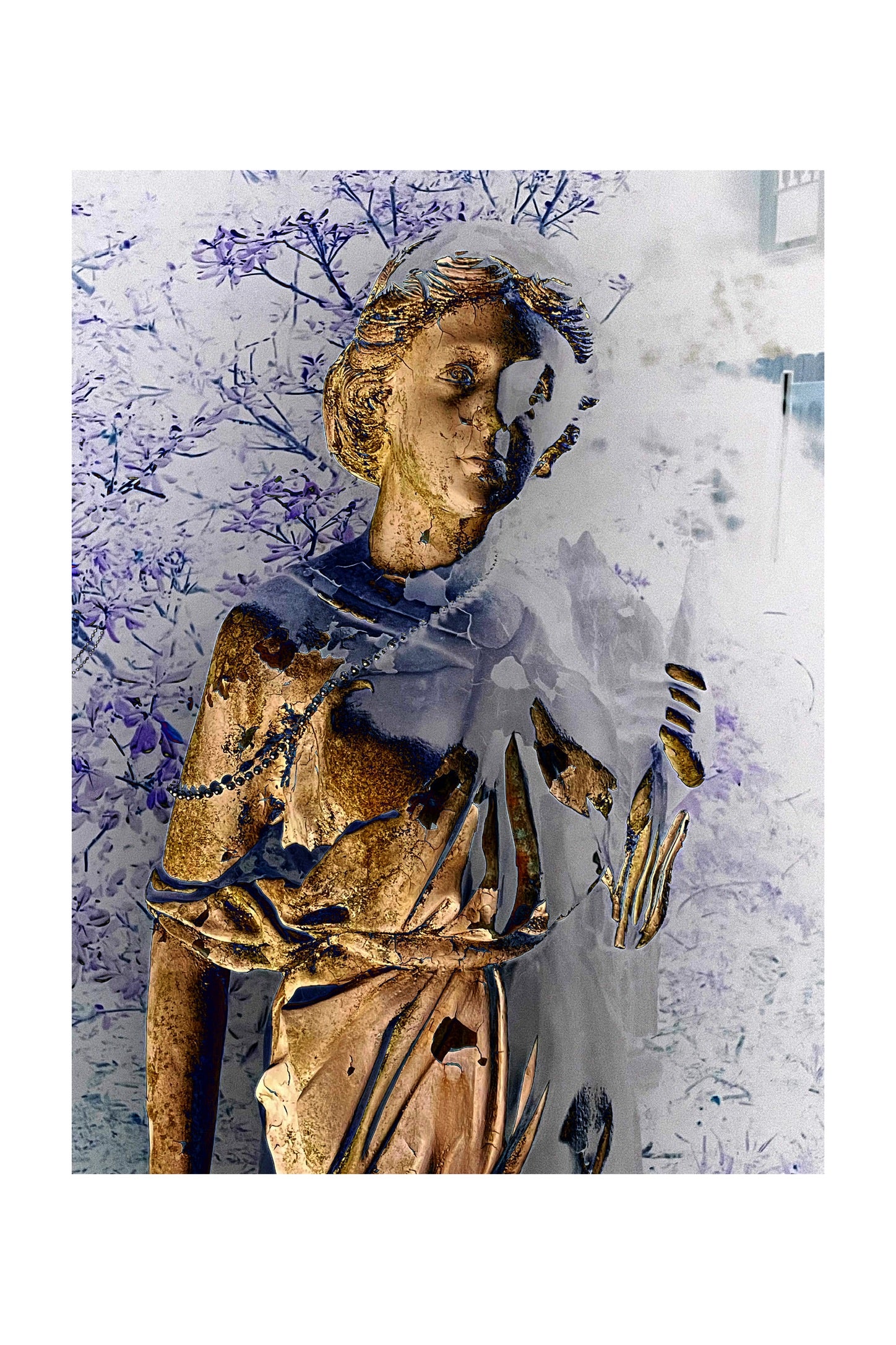 Artistic depiction of a figure with a blue and white abstract background